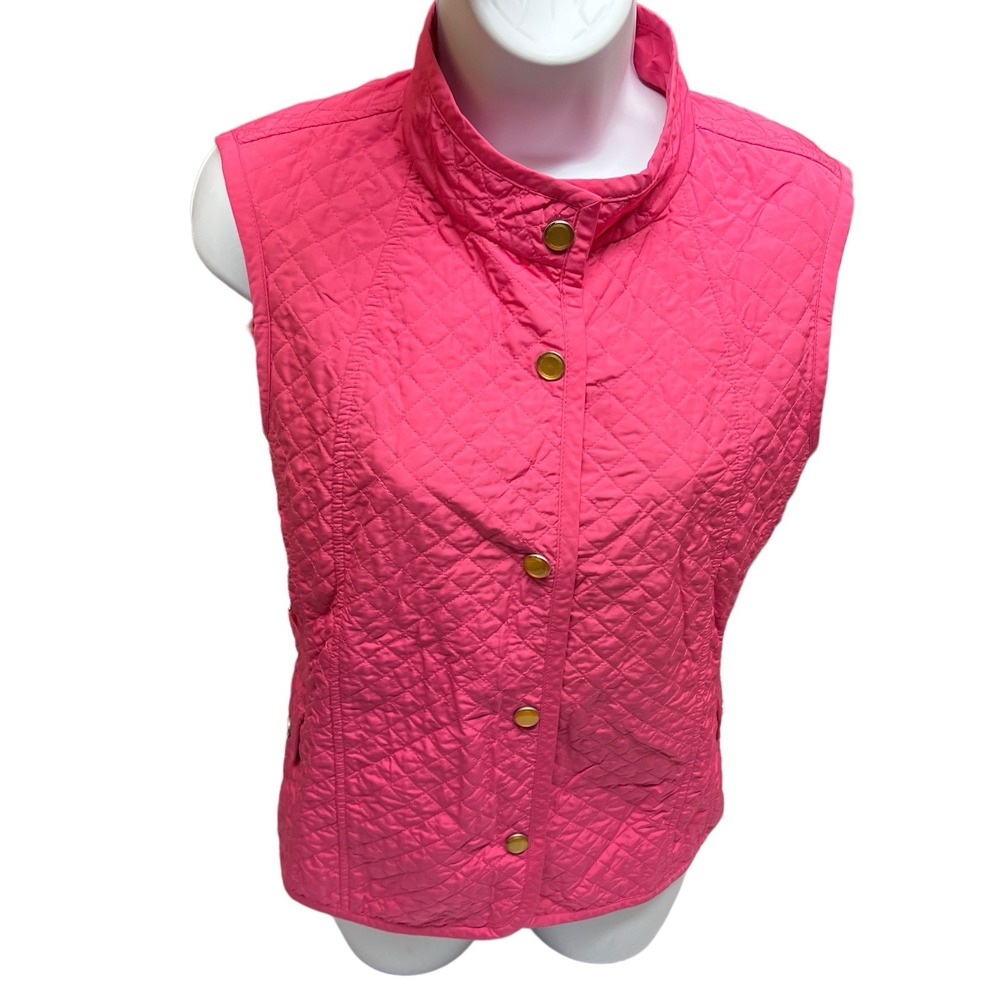 Vintage Preppy Quilted Vest M Pink Gold Snap Button Equestrian‎ Lightweight
